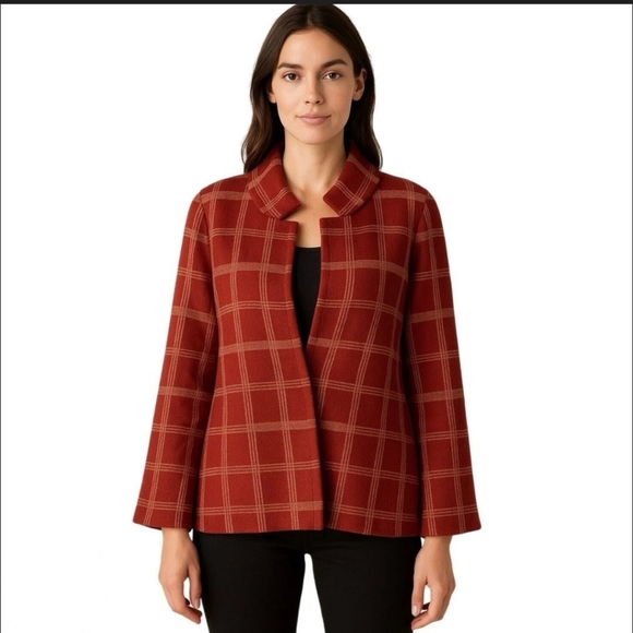 Anthropologie Jackets & Blazers - Anthropologie Moth Rust Red Plaid Funnel Neck Coat - Structured & Cozy